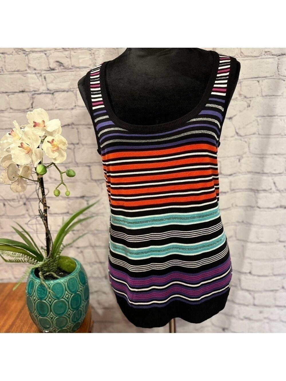 Calvin Klein Black w/Multicolor Striped Sleeveless Scoop Neck Top size L  NWT